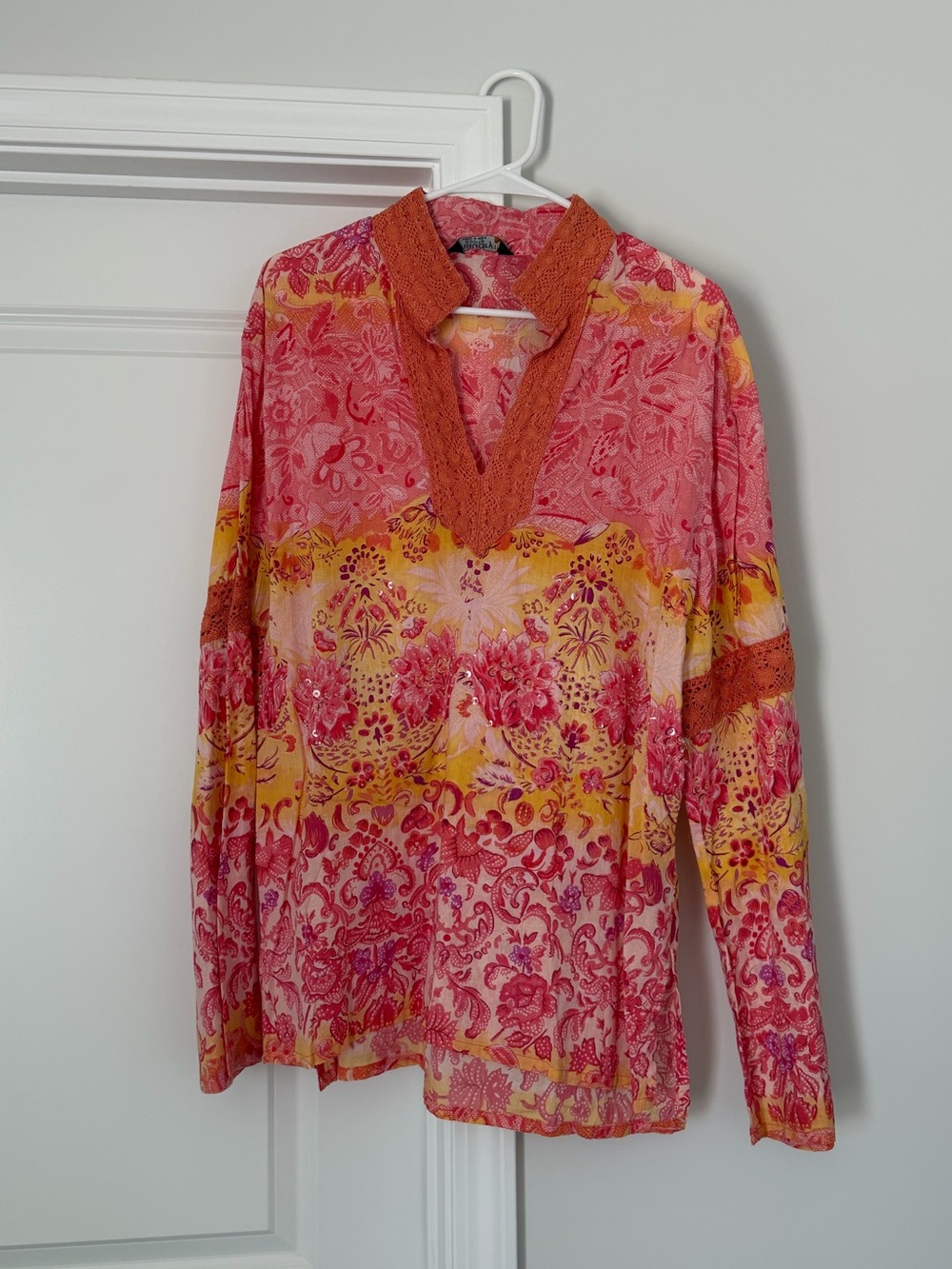 Floral V-Neck Tunic Top in Pink, Orange & Yellow